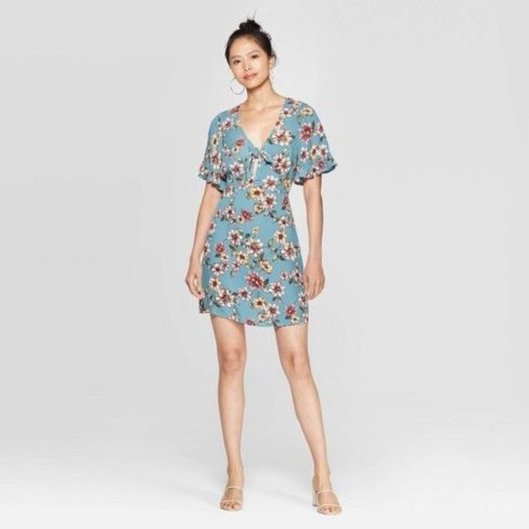 Xhilaration Dresses & Skirts - Floral Print Short Sleeve Mini Dress Turquoise